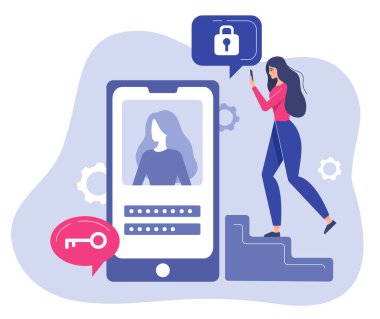 Telefonu olan bir kadın, veri güvenliği ekranda. Düz tasarım çizimi. Vektör