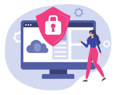 Bilgi güvenlikli kadın ve masaüstü görüntüsü. Düz tasarım çizimi. Vektör