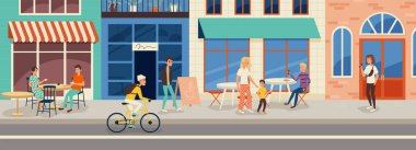 İnsanlar yaz mevsiminde açık kafede oturup sokakta yürürler. Çizgi film karakteri düz vektör çizimi.