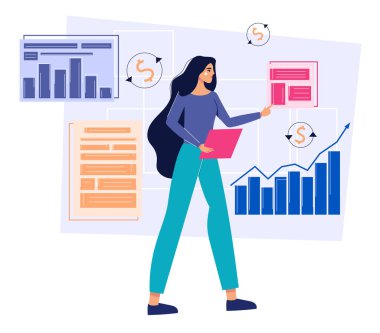 Panosu olan kadın, proje gerçekleştirme planı. Düz tasarım çizimi. Vektör