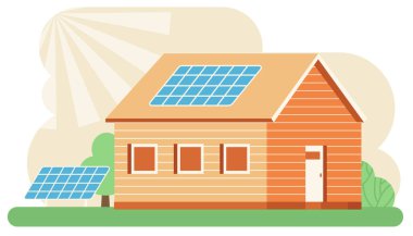 Güneş sistemi olan bir ev. Düz tasarım çizimi. Vektör