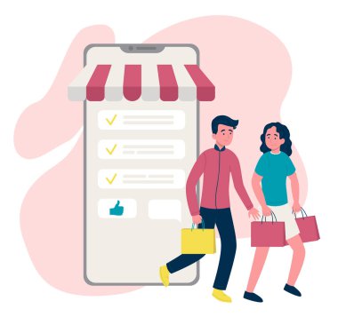 Online alışveriş, paketli kadın ve erkek. Düz tasarım çizimi. Vektör