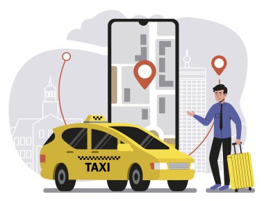 Telefon uygulaması için taksi çağırıyorum, cihaz ekranı. Düz tasarım çizimi. Vektör