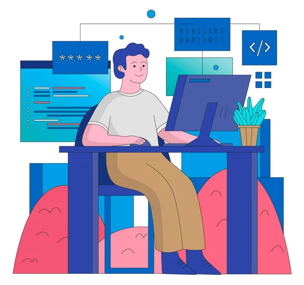 Jovem programador, miúdo com desktop. Ilustração de design plano. Vetor — Vetor de Stock