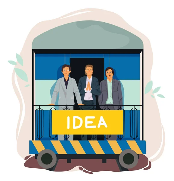 Three men in a train car with idea poster. Flat design illustration. Vector — Stock Vector
