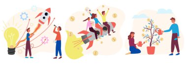 Elinde parayla gökyüzüne uçan bir roket seti. Yatırım ve kâr kavramı. Vektör illüstrasyon tasarımı