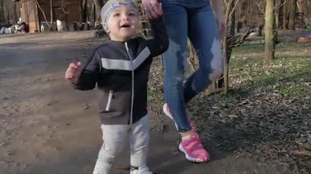 Una familia feliz en el parque. Las manos de los niños juntas en el sol. — Vídeos de Stock