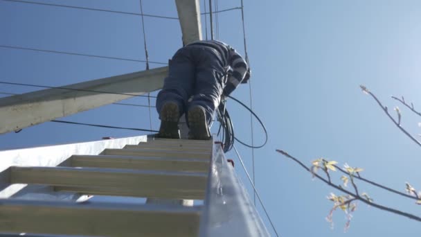 Trabalho de eletricidade, homem reparos poste elétrico vestindo todo o equipamento de segurança — Vídeo de Stock