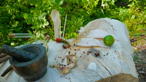 Ahşap bir çerçevede çiğ kalamar, sarımsak, limon ve baharat karanfilleri..