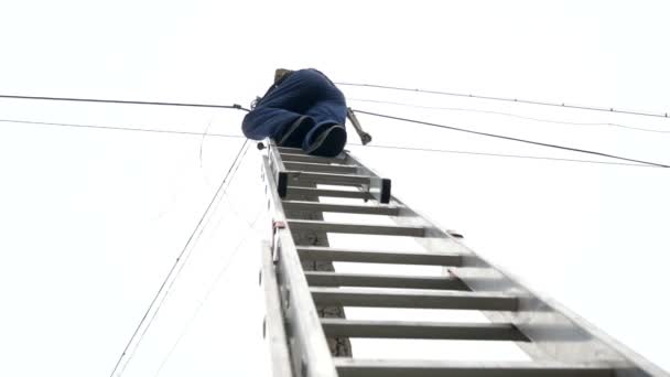 電気工事、人はすべての安全装置を身に着けている電柱を修理する — ストック動画