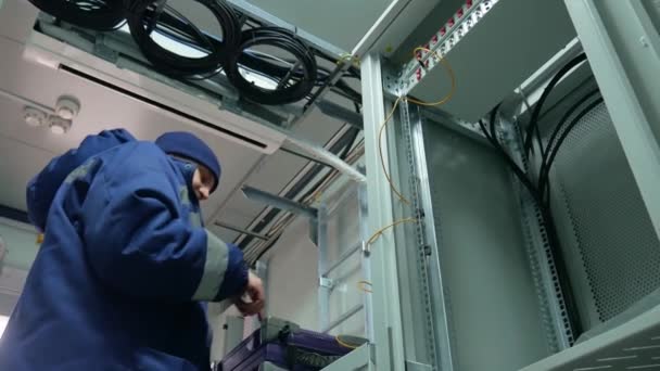 Ingeniero de red en sala de servidores con cordón óptico. — Vídeo de stock