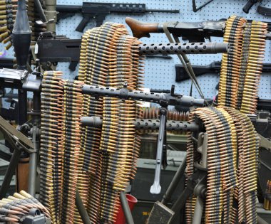 Savaşta kullanılan eski makineli tüfekler, tüfekler ve mermilerin yanı sıra spor ve nefsi müdafaa için kullanılan yeni silahlar ve Amerika Birleşik Devletleri Anayasası 'nın 2. maddesiyle korunuyor.. 