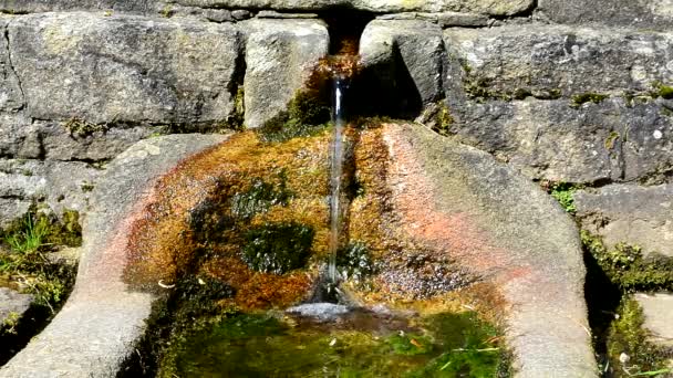 Поток воды выходит из каменного фонтана — стоковое видео