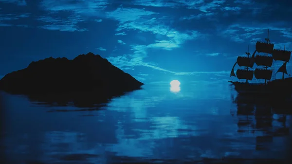 Moonlight Horizon Sea Noite Enquanto Veleiro Vai Para Ilha Deserta — Fotografia de Stock
