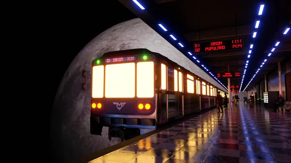 Moon Train Station Para Orion Galaxy Enquanto Pessoas Dançam Estação — Fotografia de Stock