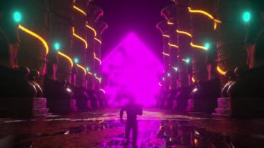 3D Animasyon Antik Mısır Duvarları ve Heykelleri Antik Hiyeroglifler Psikedelik Görünümsüz Vj Döngü Parlayan Mor Piramit Ankh Simya 4K