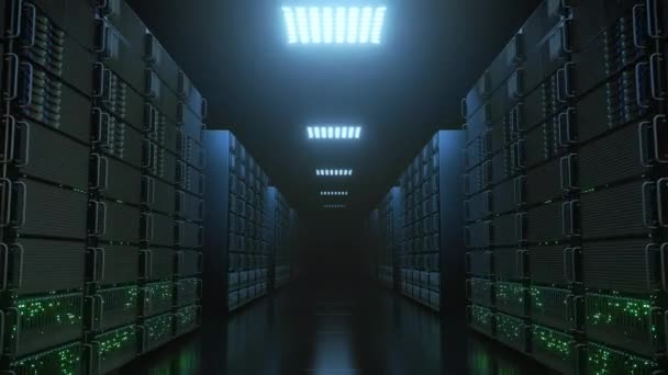 ビッグデータのサーバーの部屋でのデータサーバーネットワークコンピューティングサーバーを介して移動する4Kシームレスループ サーバーネットワーク高速インターネット技術未来的なサーバー — ストック動画