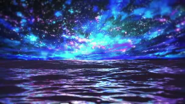 Gwiaździsty Widok Nocy Statku Nad Morzem Fale Kolorowe Przez Galaxy — Wideo stockowe