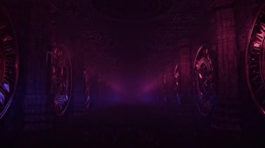 Taş duvarlara gömülü, parlayan dairesel mandala geçitleri, atmosferik sis ve sinematik ışıklandırması olan mistik antik tapınak koridoru, büyüleyici fantezi görseller, oyun ortamları ve VJ arka planları için tasarlanmıştır.