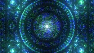 Özmerkezli parlayan halkaları ve simetrik hareketi olan soyut turkuaz enerji mandala, pürüzsüz döngüler, fütürist görseller, psikedelik hareket grafikleri ve girilebilir VJ ortamları için tasarlanmıştır.