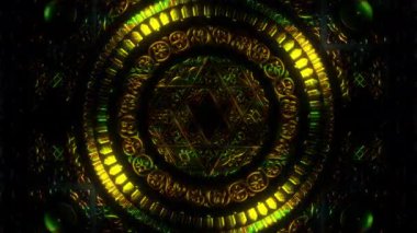 Ilık kırmızı ve menekşe kutsal geometri mandala parlayan altıgen çekirdekli, dönüşümü çağrıştıran, iç ateş ve ruhsal güç sinematik görseller ve psikedelik hareketler için.