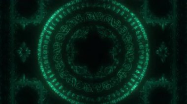 Yumuşak atmosferik çiçek ve kutsal simetriye sahip zümrüt yeşili parlayan mandala, pürüzsüz döngüler, iyileştirici görseller, ortam hareketi grafikleri ve ruhani VJ içeriği için sakin bir meditasyon odağı yaratıyor.