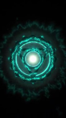 Parlayan Gırtlak Çakra Enerji Girdabı Animasyonu, Radyasyon Işığı Aura, Kutsal Ruhani Geometri, Kozmik Kapı, Kusursuz Döngü, İlahi Güç ve İç Işığın Mistik Dengesi