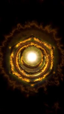 Parlayan Sacral Çakra enerji girdabı animasyonu, ışıyan ışık aurası, kutsal ruhani geometri, kozmik portal, kusursuz döngü, ilahi güç ve içsel ışık dengesi..