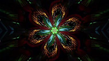 Katmanlı çiçek geometrisi, parlayan simetrik kaleydoskop yapısı, zarif dekoratif 3D harmanlama doğal formları ve radyoaktif soyut dijital kompozisyonda fütüristik detaylar.