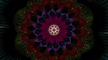 Canlı taç yapraklarından ve metalik dokulardan oluşan ışıl ışıl bir mandala hipnotik simetrik bir çiçek deseni oluşturur. Parlayan kaleydoskop geometrisi 3 boyutlu, parlak renklerle, fütüristik soyut dijital sanat eserleriyle oluşturulur.