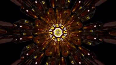 Yansıtıcı metalik şekillere sahip altın parıldayan mandala ve simetrik yayılan geometri, 3 boyutlu karmaşık kaleydoskop yapısı, çarpıcı derinlik ve aydınlatma ile canlı, soyut dijital sanat eserleri