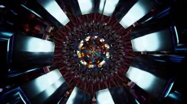 Katmanlı metalik halkaları ve parlak geometrik simetrisi olan fütüristik dairesel mandala, üç boyutlu, soyut, detaylı, derinlik ve yansıtıcı desen bakımından zengin dijital sanat ürünü olan canlı kaleydoskop tünel etkisi.