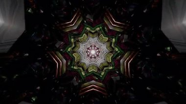 Kutsal geometri mandala, parlak çekirdekli ve katmanlı taç yaprakları, görsel bir mantra gibi hissettiren hipnotik soyut arka plan, meditasyon, nefes alma, çevre görselleri, projeksiyon ve VJ aşamaları için harika.