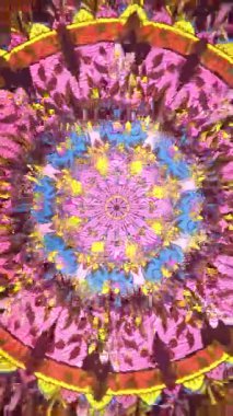 Dönen simetri ve katmanlı detay ile renkli kutsal geometri mandala, trans görsel, meditasyon alanları, müzik görselleştiricileri ve büyüleyici ruhani çevreler için psikedelik soyut makara