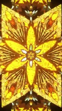 Sürekli dönen altın simetrik mandala döngüsü, gevşemek için tasarlanmış soyut ruhani makara, meditasyon amaçlı nefes alma görselleri, trans müzik arka planları ve sakinleştirici dijital sanat sahneleri.