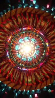 Derin radyal hareket ve kaleydoskop yapısına sahip karmaşık mandala, müzik görselleştiricileri, meditasyon görselleri ve büyüleyici psikedelik dijital ortamlar için uygun hipnotik soyut makara