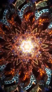 Toprak tonlu mandala yavaş dönüyor. Karmaşık simetri, soyut kutsal geometri makarası. Topraklama meditasyon görselleri, ortam müziği arka planları ve iç gözlem dijital sahneleri için.