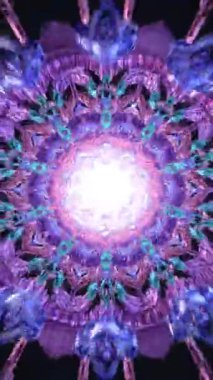 Mavi kristal mandala parlak simetri ve pürüzsüz dönüş, meditasyon görselleri için soyut kozmik makara, derin odak sahneleri, ortam müziği ve büyüleyici dijital ortamlar