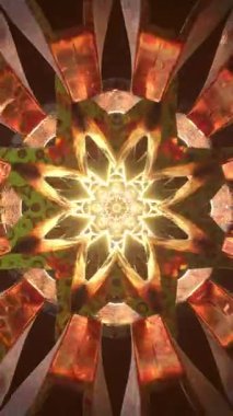 Yıldızımsı simetrisi ve sürekli dönüşüyle altın geometrik mandala, meditasyon görselleri, ruhani odaklanma sahneleri ve büyüleyici dijital ortamlar için soyut kutsal geometri makarası