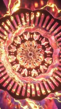 Güçlü radyal dönüş ve yoğun renk kontrastına sahip ateşli mandala, enerjik görseller için tasarlanmış soyut saykodelik makara, trans müzik arkaplanları ve büyüleyici dijital sahneler