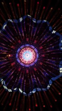 Dönen kutsal geometri ve radyan simetriye sahip mavi kozmik mandala, meditasyon odağı, trans görseller, çarpıcı ruhani sahneler ve müzik görselleştirici arka planlar için tasarlanmış hipnotik soyut dikey makara
