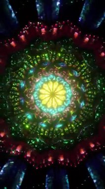 Işıl ışıl merkezi ve pürüzsüz dönüşlü yeşil mandala, görselleri iyileştirmek için tasarlanmış kutsal geometri dikey makarası, meditasyon odağı, sakinleştirici enerji sahneleri ve büyüleyici ruhani ortamlar.
