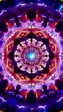 Konsantrasyon halkaları ve ritmik dönüş ile çok renkli mandala, soyut kutsal geometri dikey makara trans görseller, müzik görselleştiricileri, meditasyon odağı ve büyüleyici dijital sanat sahneleri için el yapımı