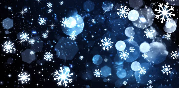 青いクリスマスのボケ背景 白い雪の結晶 お祝いの冬の背景 — ストック写真