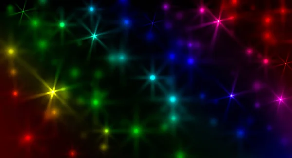 圣诞背景 有彩虹星和模糊的斑点 迪斯科舞厅和派对 火花和黑色星辰 — 图库照片