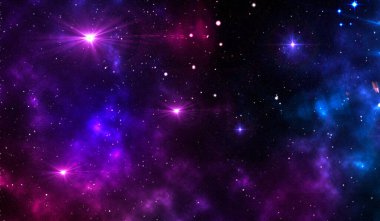 Mavi mor gece gökyüzünde bir nebula ile parlayan yıldızlı kozmik arkaplan