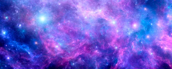 Nebulosa cósmica roxa com aglomerados brilhantes de estrelas e poeira estelar — Fotografia de Stock