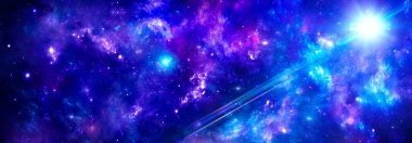 Mavi-mor nebula ile dış uzay ve evrende bir gaz kümesi, güneş ışınları