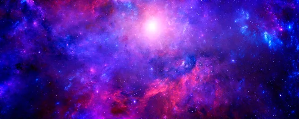 Un fondo cósmico con una nebulosa azul-roja y estrellas brillantes en un universo infinito —  Fotos de Stock