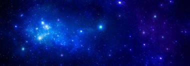 Parlak mavi yıldızların parlaklığı ve karanlık bir kozmik gökyüzünün arka planında bir nebula